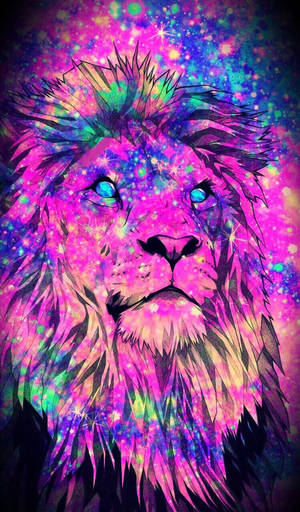 一頭獅子，擁有宇宙鬃毛和發光的眼睛，背景是星光燦爛的銀河。 — 獅子 壁紙