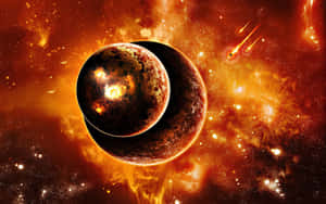熾熱行星繞黑暗伴星運行，在充滿活力的橙色星雲中，流星劃過。