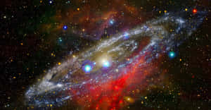 一個色彩繽紛的螺旋星系，在深空中帶有發光的星雲和恆星。 — 銀河系 壁紙