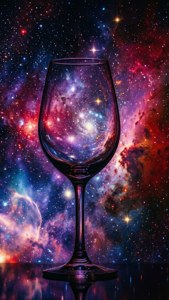 一個酒杯在繁星點點的太空背景下反射出色彩繽紛的宇宙星雲。