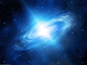 一個明亮的藍色螺旋星系，在深空中被無數星星環繞。