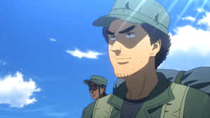 兩名身穿綠色制服和帽子的動漫士兵站在明亮的藍天下，白雲朵朵。 — 漫畫 壁紙