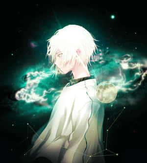 白髮和長袍的動漫男孩在星空宇宙場景中，伴隨著綠色星雲和月亮。