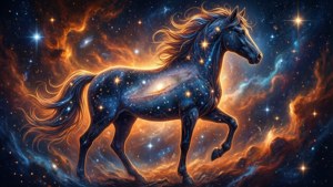 一匹由星星組成的馬奔騰穿過色彩繽紛的星雲，其中有發光的星星和旋轉的雲彩。