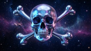閃亮的骷髏頭和交叉骨漂浮在色彩繽紛的星空宇宙場景中。