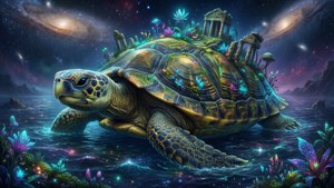 巨龜在宇宙海洋中游泳，背負著發光的島嶼，島上有遺跡和霓虹植物