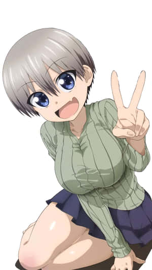 灰色頭髮和藍色眼睛的動漫女孩跪著做出和平手勢。