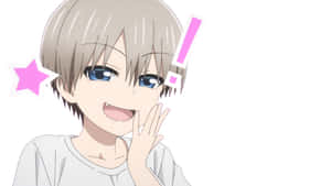 灰色頭髮和藍色眼睛的動漫女孩微笑著將手放在臉頰上。