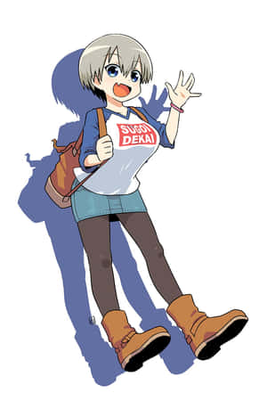 灰髮動畫女孩穿著休閒服裝開心地揮手。