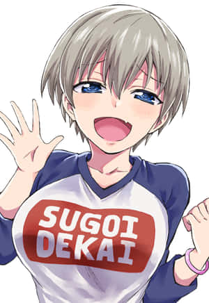 灰色頭髮和藍色眼睛的動漫女孩，穿著「Sugoi Dekai」襯衫，開心地揮手。 — 搞笑動漫GIF 壁紙