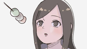 灰髮動漫女孩對漂浮在串上的餃子感到驚訝。