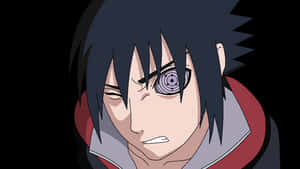 動漫角色，擁有尖刺黑色頭髮和發光的紫色眼睛，身穿紅色和灰色斗篷。
