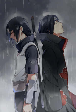 兩個動漫忍者角色在暴風雨中背對背站立。