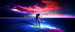 太空人在宇宙行星上手持太陽球，在色彩繽紛的星雲天空下，周圍有漂浮的行星。