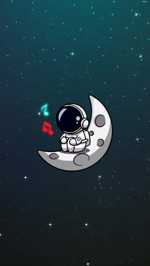 一個卡通太空人在太空中的月球上彈奏發光的結他。