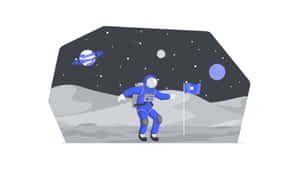 太空人在月球插旗，背景有土星及行星的太空場景。 — 太空人 壁紙