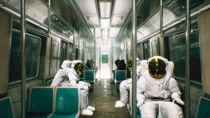 太空人坐在一列地鐵列車內，車廂有反射表面和青綠色座位。
