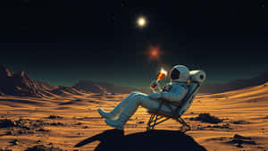 身穿白色太空衣的太空人坐在摺疊椅上，在異星沙漠星球上，在兩個發光的太陽下飲用飲料。 — 太空 壁紙