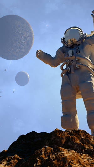太空人在外星行星上伸手觸及星空下的月球 — 太空人 壁紙