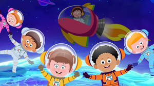 穿著太空衣的孩子在星星和行星之間快樂地漂浮。