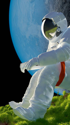 太空人坐在草地上，背景是藍色星球。 — 太空人 壁紙