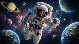太空人在太空漂浮，地球、土星和其他行星在宇宙背景中可見