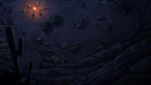 露營者在夜晚的黑暗沙漠中圍著營火，有仙人掌和帳篷。 — 太空人 壁紙