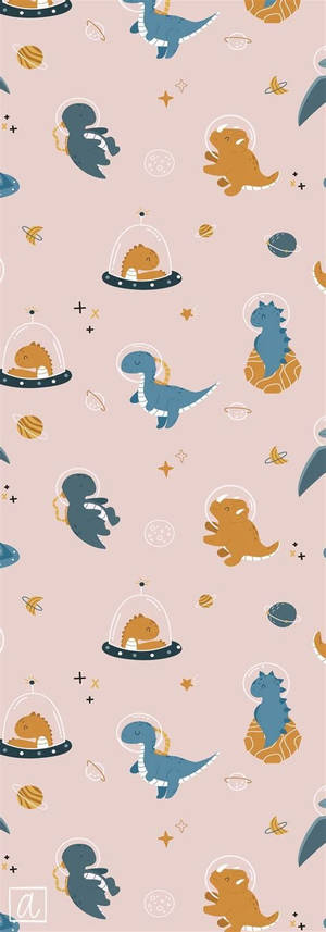 粉紅色牆紙，上面有卡通恐龍和太空人在太空。