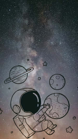 一個卡通太空人在行星和星星附近的太空中漂浮。