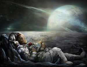 一個骷髏太空人躺喺外星行星上，喺發光月亮下揸住一朵玫瑰同一個裝置。 — 太空人 壁紙