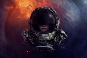 破損太空衣的太空人，背景是熾熱行星和星空。