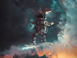 太空人在發光的板上穿過色彩繽紛的宇宙雲層衝浪。