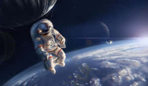 太空人在地球上空漂浮，背景有星星和月亮。