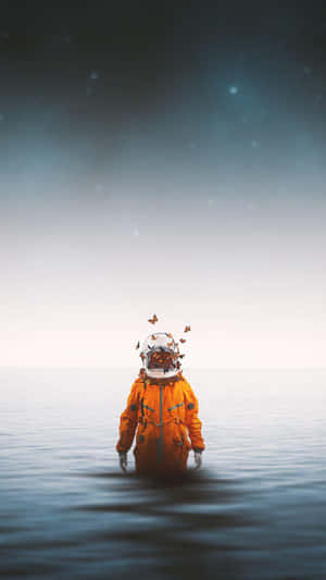 身穿橙色太空衣的太空人，蝴蝶從頭盔飛出，站在星空下的水中。 — 太空人 壁紙