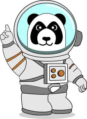 一隻穿著太空衣的卡通熊貓向上指。