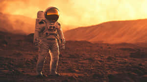 身穿白色太空衣的太空人站在夕陽下的岩石橙色星球上