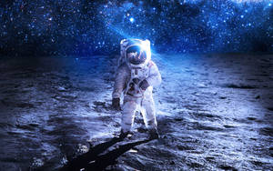 太空人在星光燦爛的天空下探索月球，伴隨著一道明亮的光束。