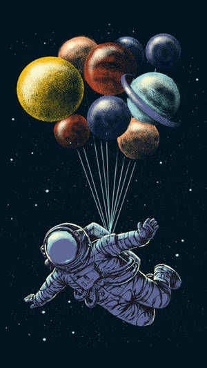 太空人在星空中漂浮，手持行星氣球。