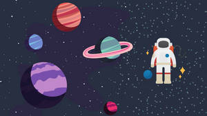 一個卡通太空人在色彩繽紛的行星和星星附近的太空中漂浮。 — 太空人 壁紙