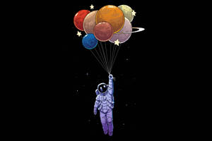 太空人在太空漂浮，手持連接到星球氣球的繩子。