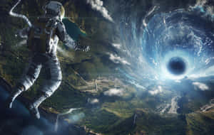 太空人在有黑洞的天空中漂浮在星球上方。