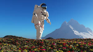 太空人在盛開的花朵中行走，背景有雪山。