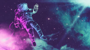 太空人漂浮在色彩繽紛的宇宙空間中，周圍有發光的星雲和星星。