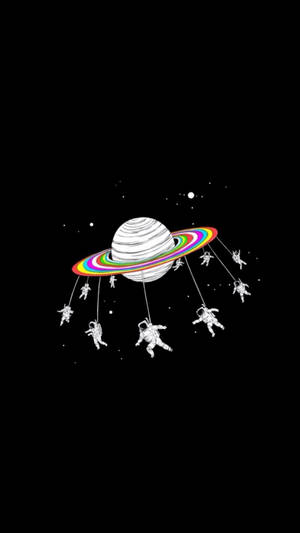 太空人懸掛在繩索上，圍繞著一個帶有彩虹環的行星在太空中。