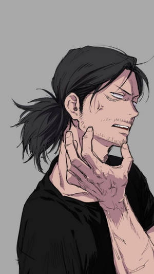 深色馬尾的動漫男子痛苦地抓著下巴。