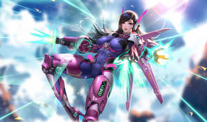動畫女性機甲戰士在天空發射能量武器