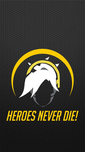 Overwatch標誌，白色英雄頭像和黃色弧線，深色六邊形背景，文字heroes never die