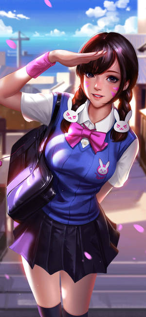 動漫女孩穿著校服敬禮，粉紅色花瓣在她周圍飄落。 — 動畫手機GIF 壁紙