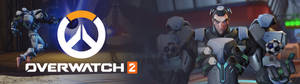 Overwatch 2 遊戲標誌，兩個裝甲角色在未來場景中。