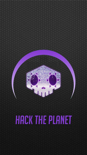 紫色骷髏頭與新月，深色六角形背景上文字 hack the planet